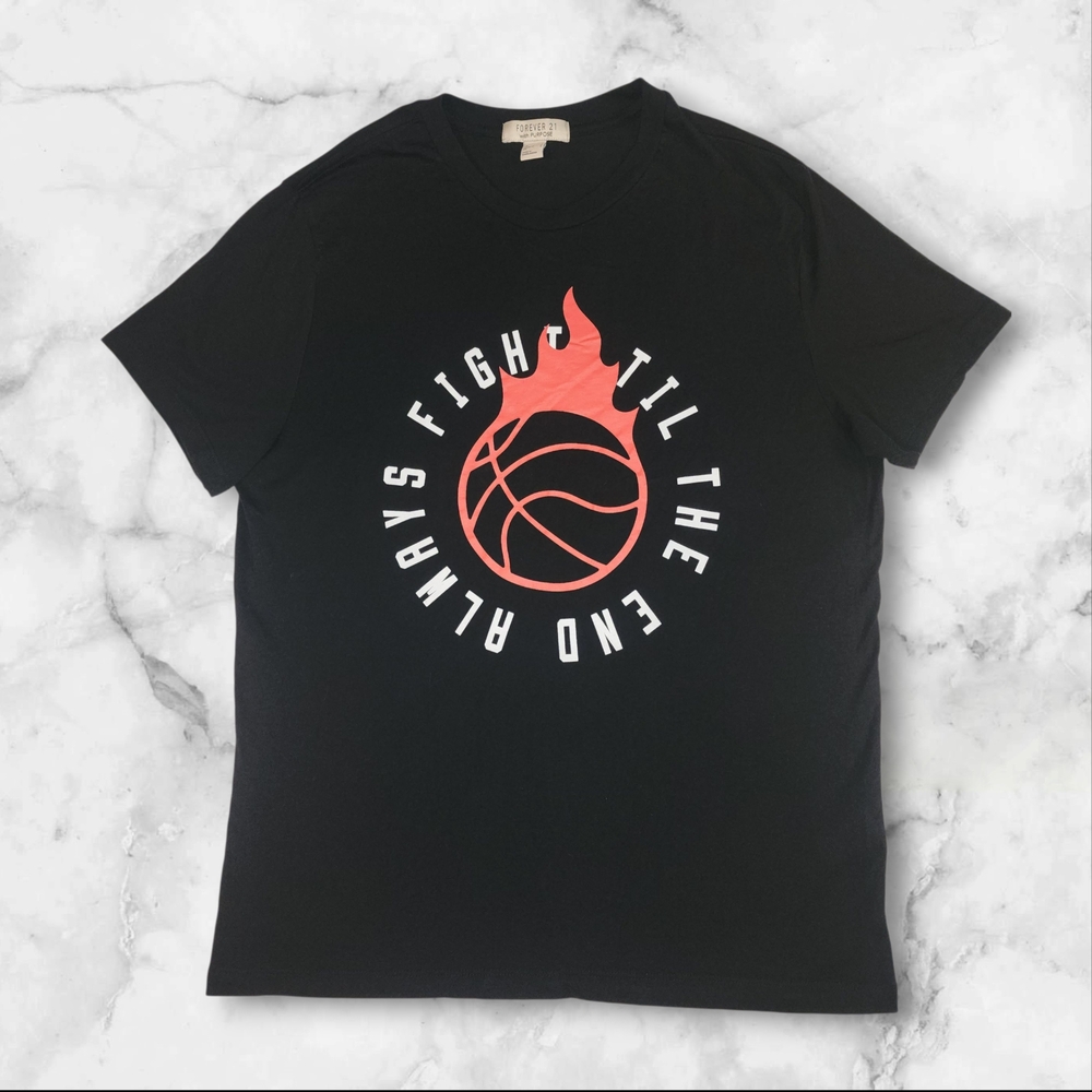 Forever 21 With Purpose Black Graphic Tee | Basketball Flame Fight Till The End